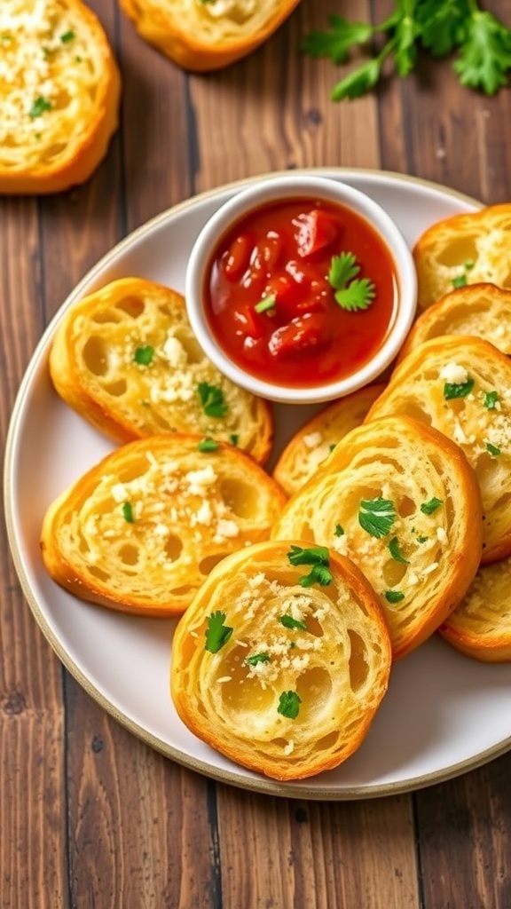 Garlic Bread on Sourdough Recipe Slices of crispy garlic bread on sourdough, garnished with parsley and Parmesan, on a rustic table with marinara sauce.